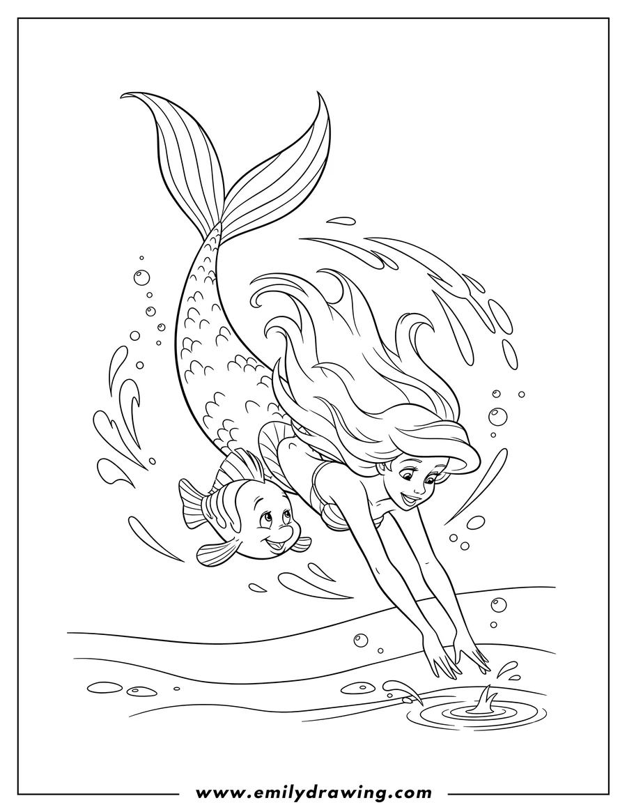 Full page coloring image of mermaid Ariel diving into the sea, tail arched, hair flowing, with Flounder watching and water splashing