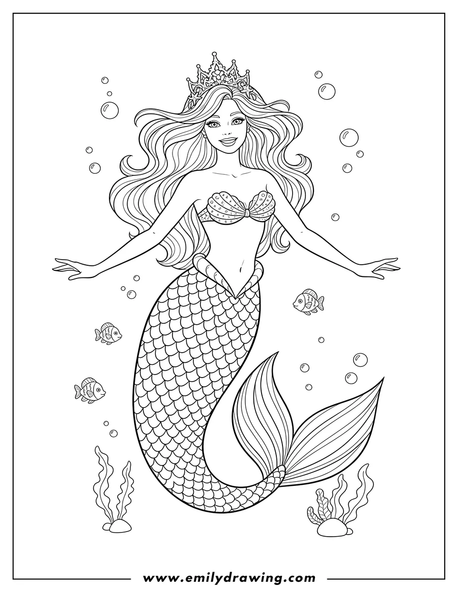 Printable line art of mermaid Barbie Ocean Scaled, smiling and wearing a crown