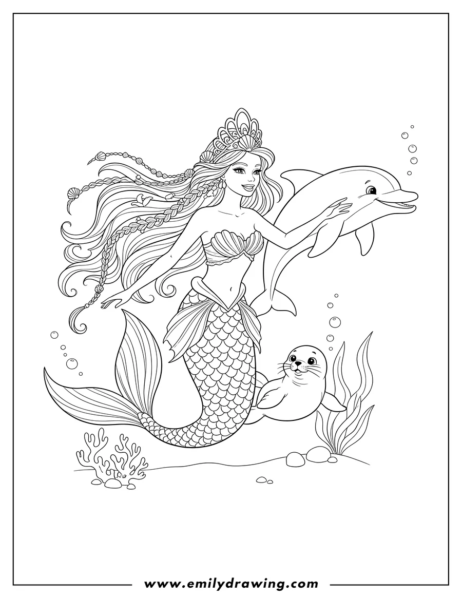 Linear illustration of mermaid Barbie wearing a crown with braided hair, swimming with a dolphin and a baby seal To Color Scaled