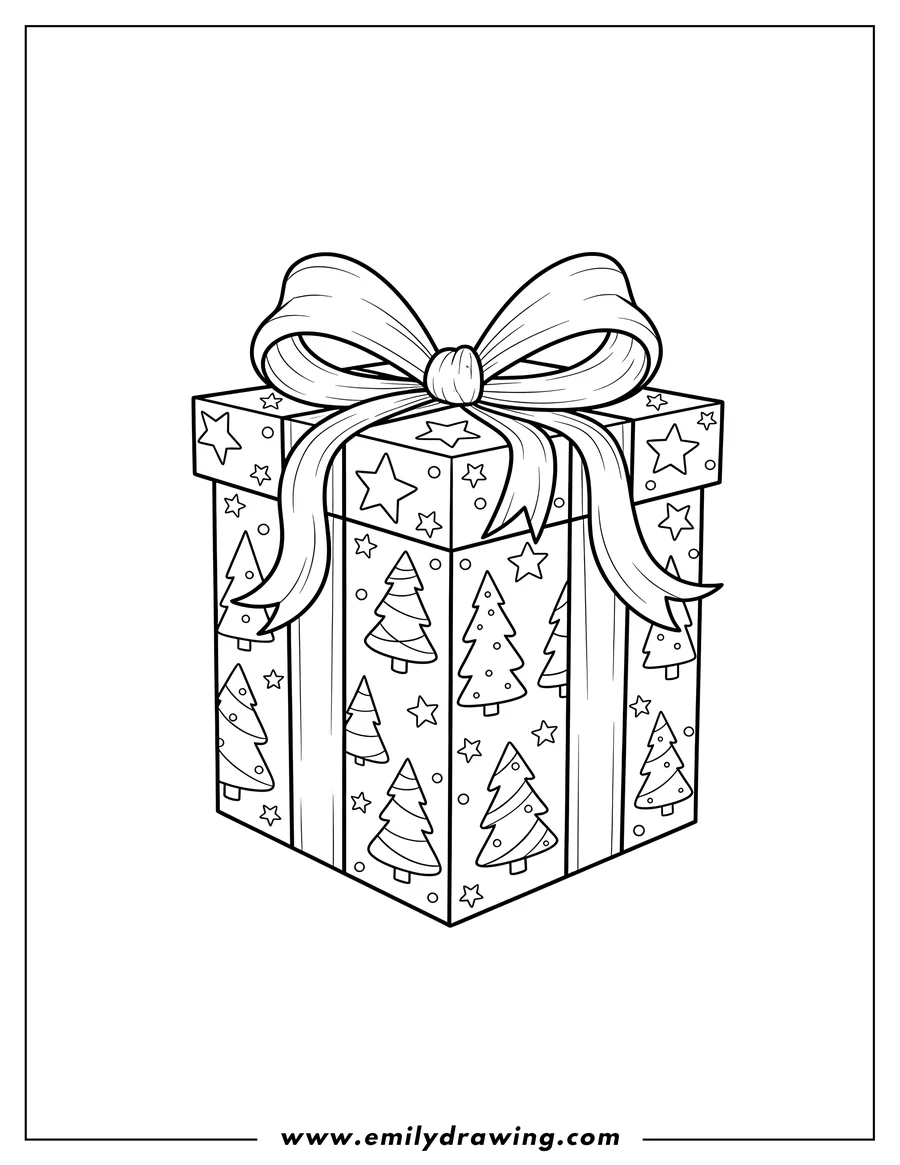 Simple sketch of merry Christmas coloring page featuring a gift box with a bow, decorated with trees and stars to color