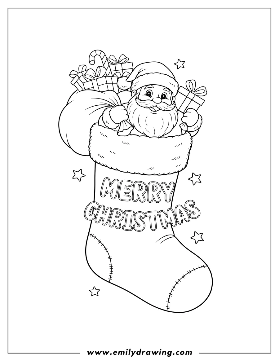 High quality printable merry Christmas Stocking with 'Merry Christmas' text, featuring a happy Santa Claus holding a gift sack for coloring