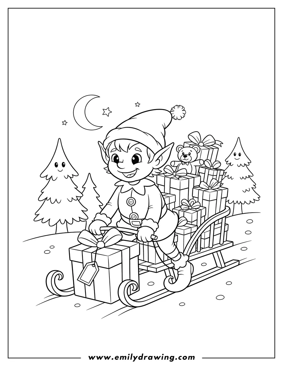 Downloadable coloring page of merry Christmas Themed Elf pushing a sled piled with gifts