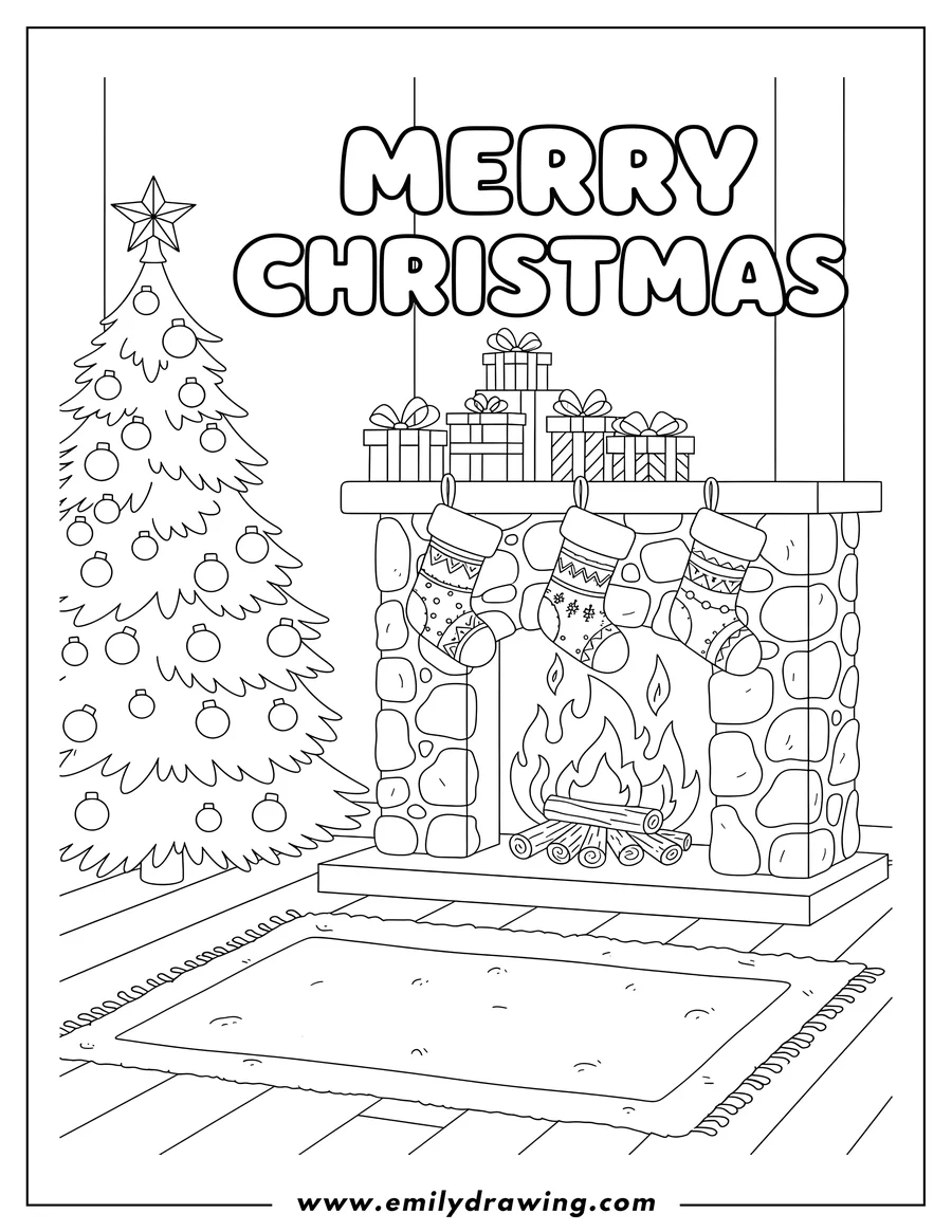 Simple sketch of merry Christmas words above a fireplace with hanging stockings, a fire burning, and gifts on the mantle to color