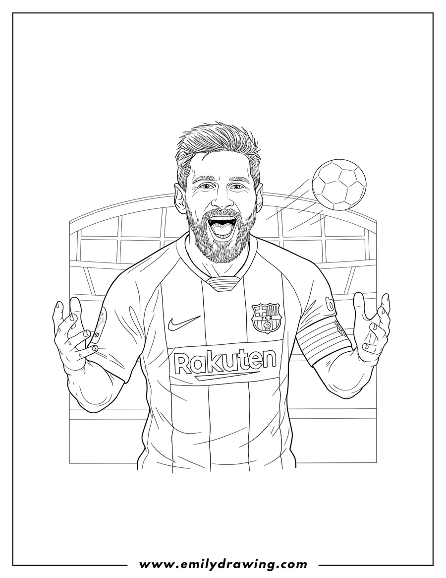 Printable line art of lionel Messi wearing FC Barcelona jersey, with a beard and mouth open