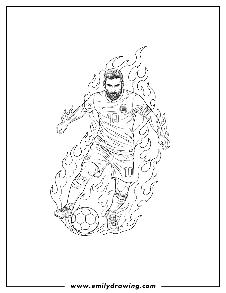 Full page coloring image of bearded Lionel Messi in uniform number 10, surrounded by flames, kicking a soccer ball
