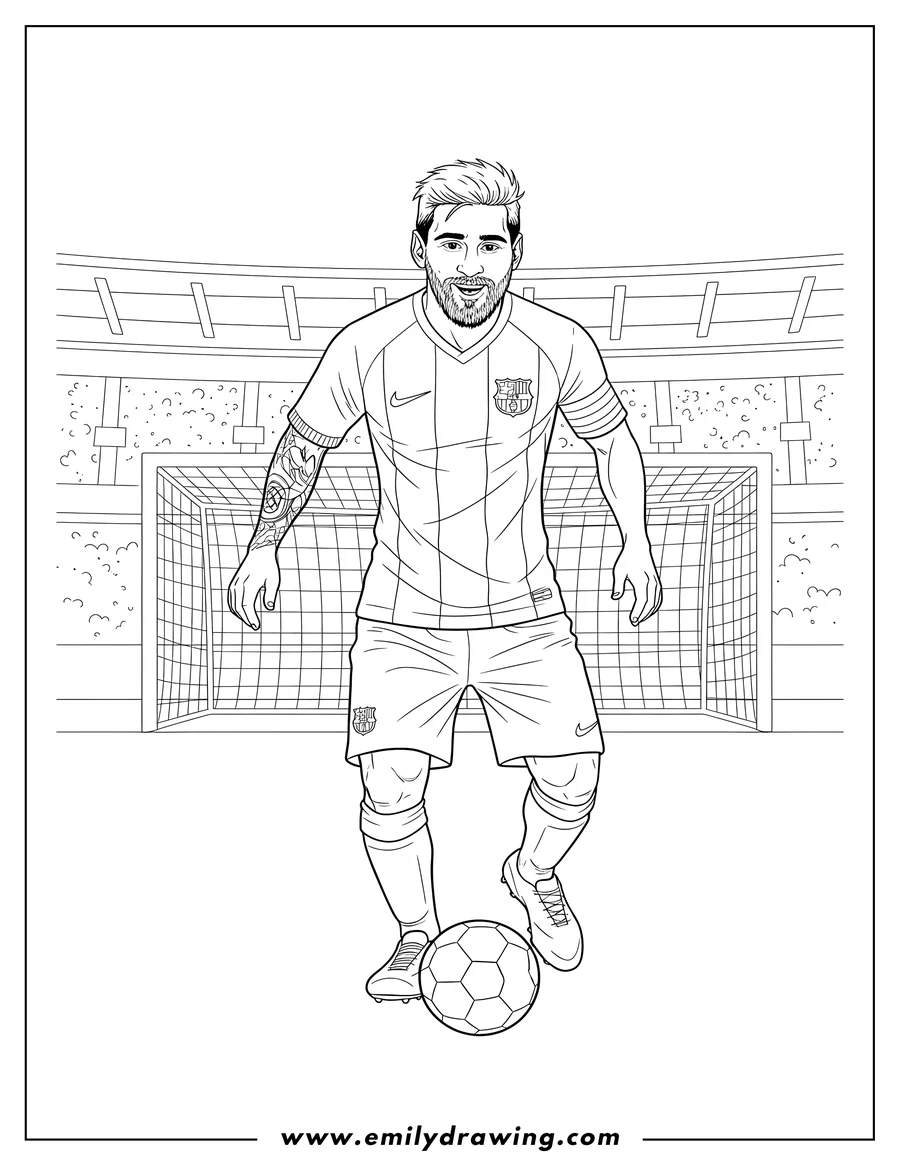 Coloring page for kids: football Legend Messi Wearing Barcelona Uniform, with an open mouth and a beard