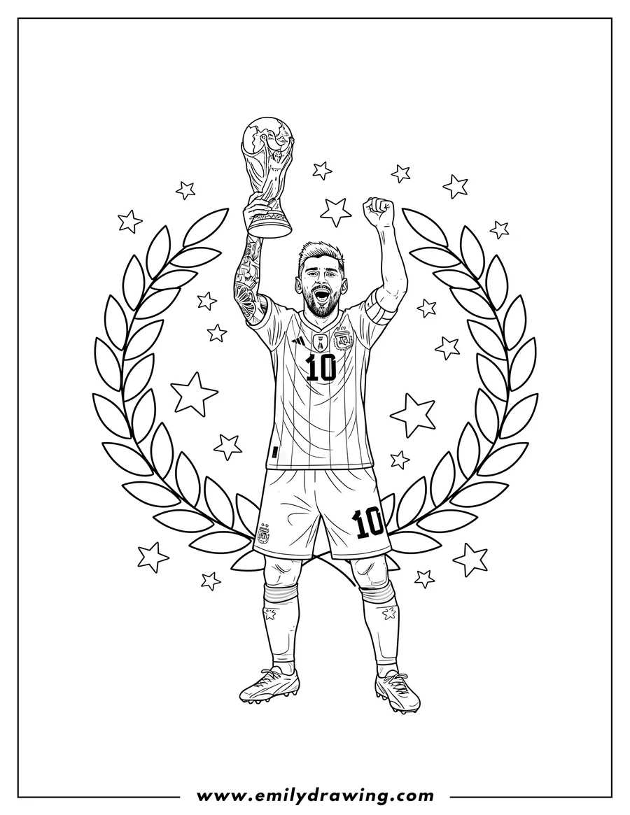 Coloring page of lionel Messi celebrating with the World Cup Trophy, arms raised, wearing an Argentina jersey, framed by a laurel wreath and stars