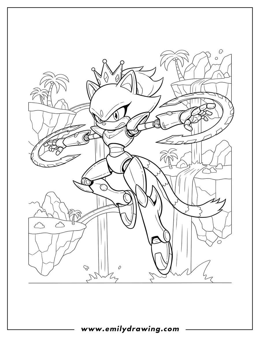 Simple sketch of metal Blaze in mid-air with spiked weapons on Angel Island to color
