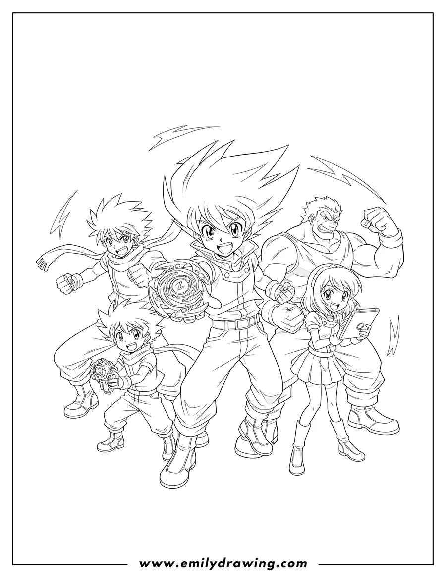 Coloring sheet featuring beyblade Metal Fusion Gingka, Kyoya, Kenta, Benkei, and Madoka as an excited group, with Gingka holding a Beyblade and reaching forward