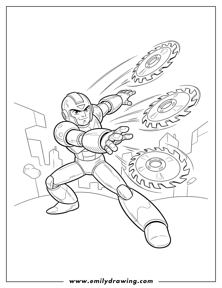 Coloring page for kids: metal Man throwing saw-like metal blades in a dynamic pose