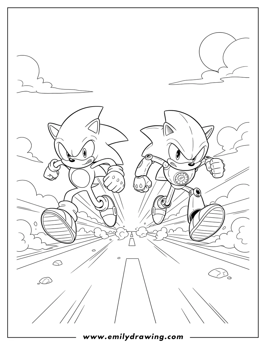 Free printable coloring sheet of metal Sonic And Sonic Speeding Down Road, running side-by-side with determined expressions