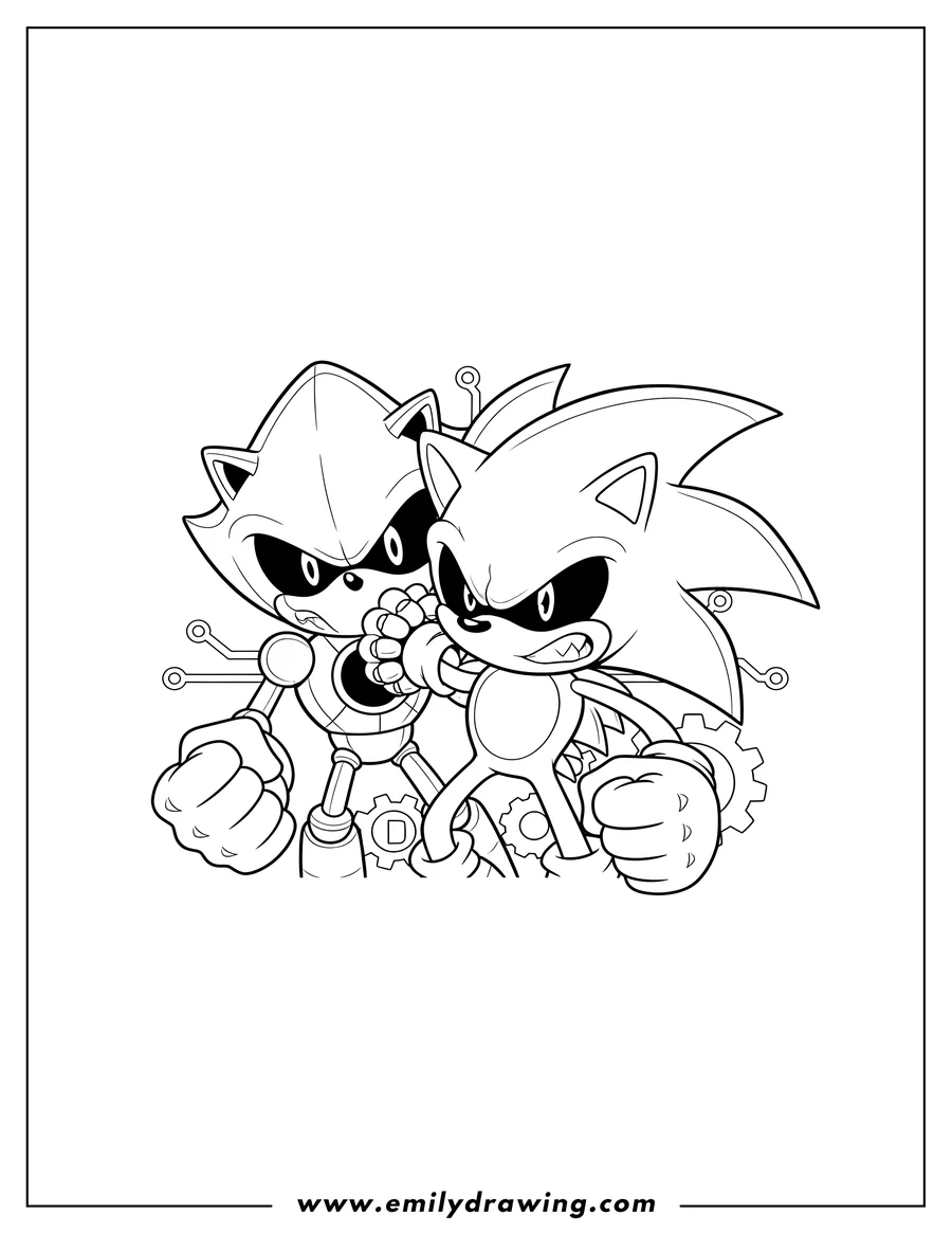 Coloring page of metal Sonic choking Sonic, who looks angry and clenches his fist