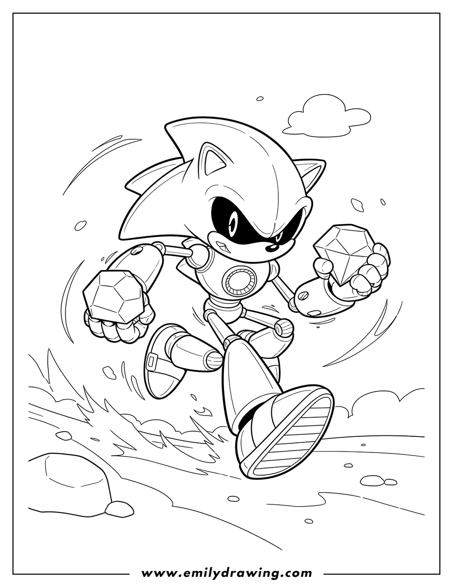 Coloring sheet featuring metal Sonic holding two Chaos Emeralds while running