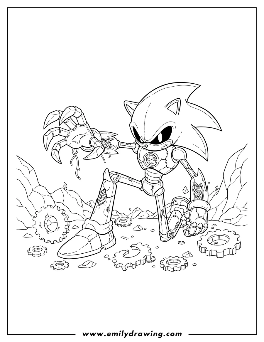 Printable coloring page of metal Sonic kneeling with battle damage, reaching out with claws