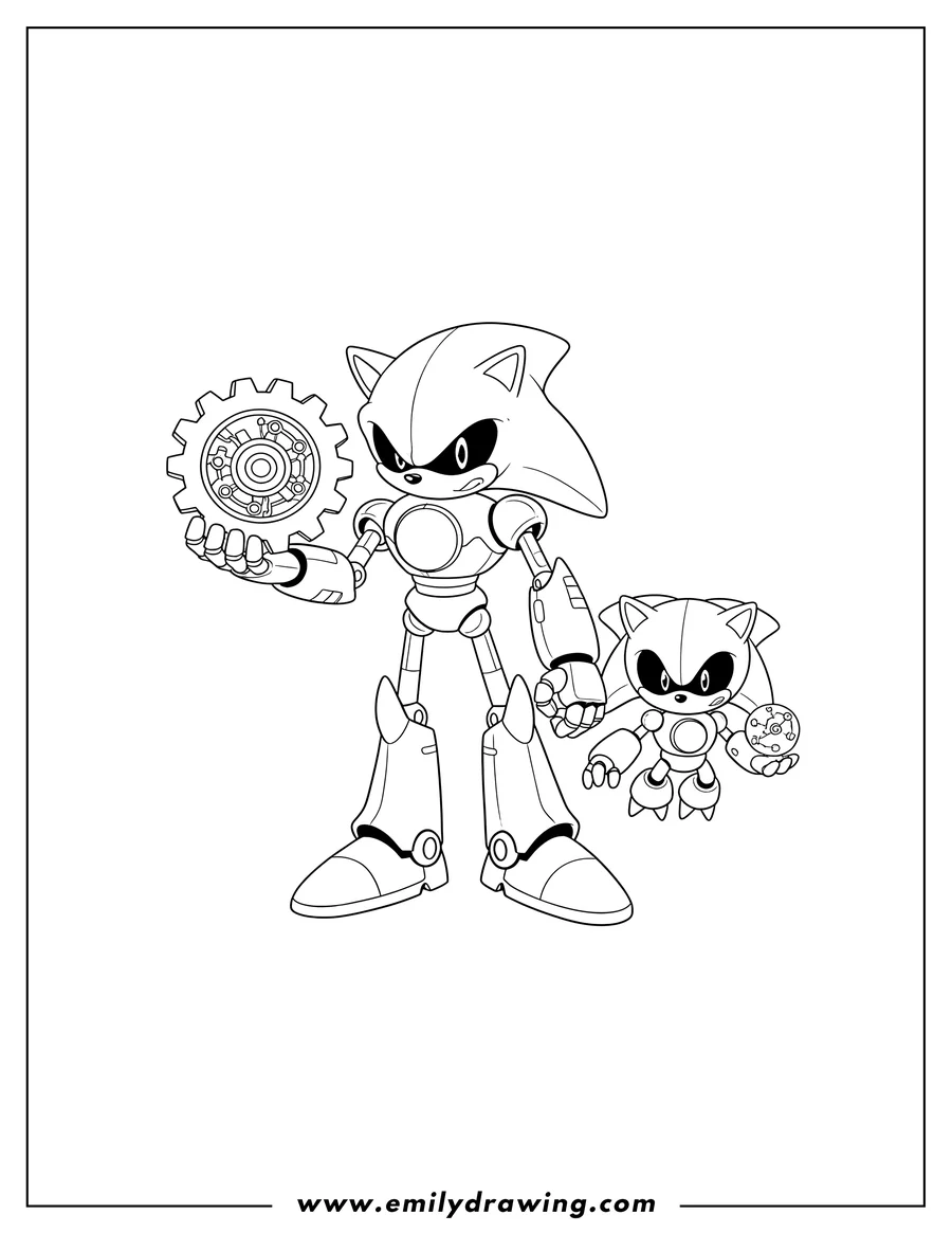 Clean line drawing: metal Sonic holding a mechanical part, with Baby Metal Sonic holding a small orb