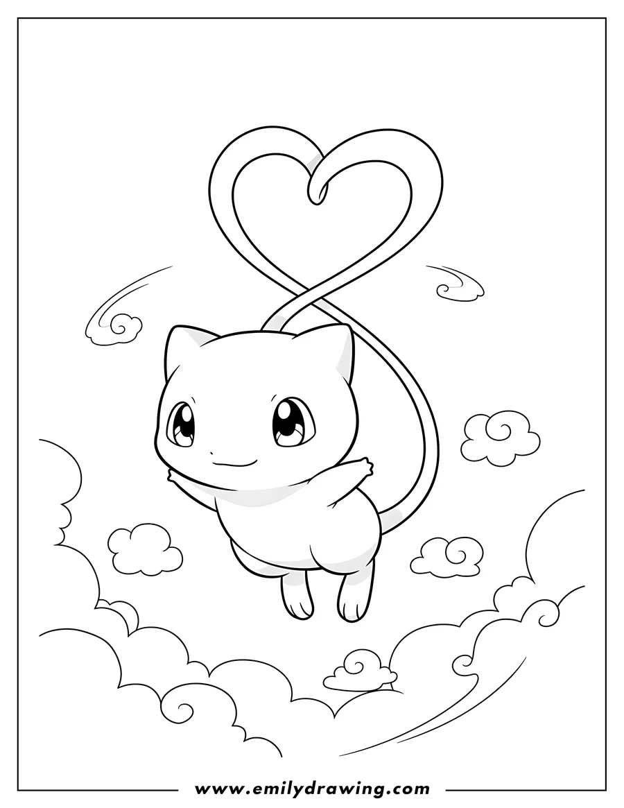 Simple sketch of mew Flying Air, with a cute expression and its tail looping above its head to color