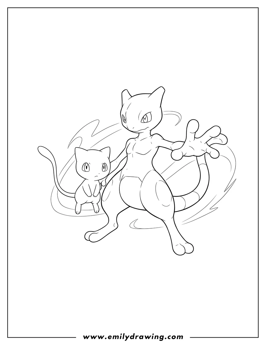 PDF style coloring page: mew With Mewtwo, Mewtwo reaching out, Mew floating