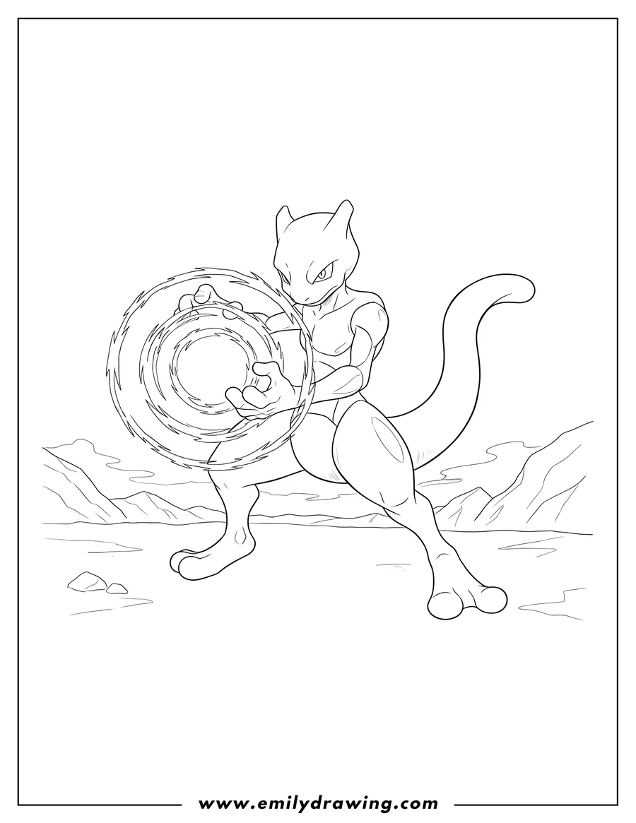Printable line art of mewtwo Battle, charging an attack