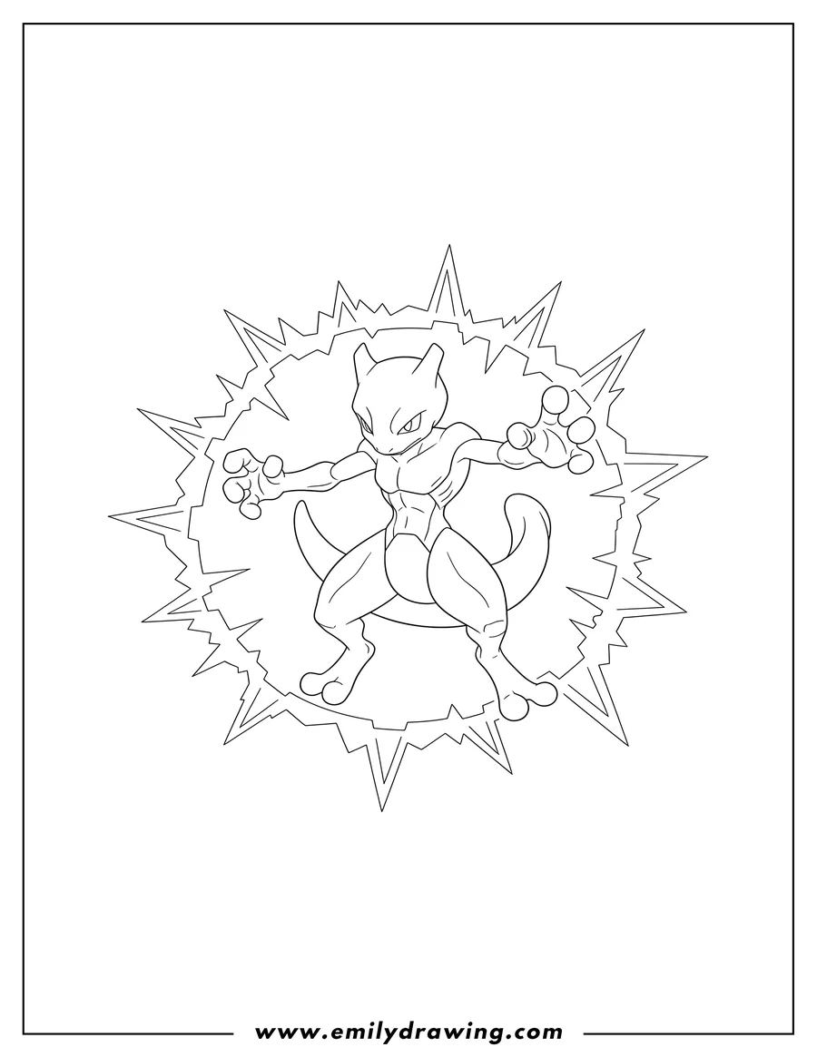 Simple sketch of mewtwo Pokemon Card Barrier Attack, a coloring page featuring Mewtwo in a dynamic pose with radiating energy lines to color