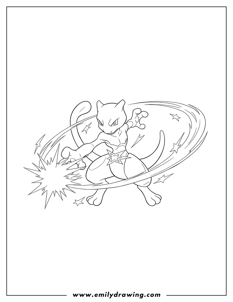 Vector style outline of mewtwo VSTAR Pokemon Card, line art coloring page, Mewtwo in a dynamic pose for its Star Raid Attack
