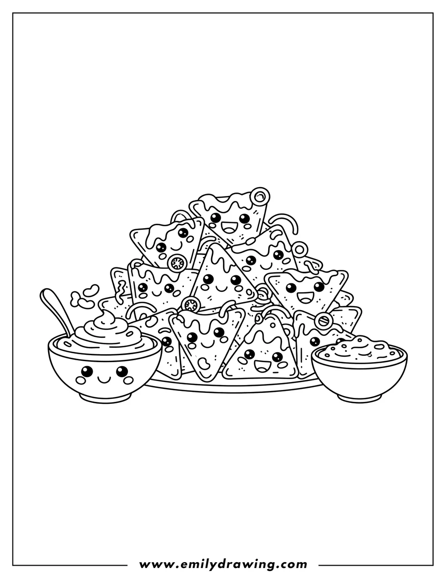 Vector style outline of mexican Nachos, triangular chips with a bowl of bean dip