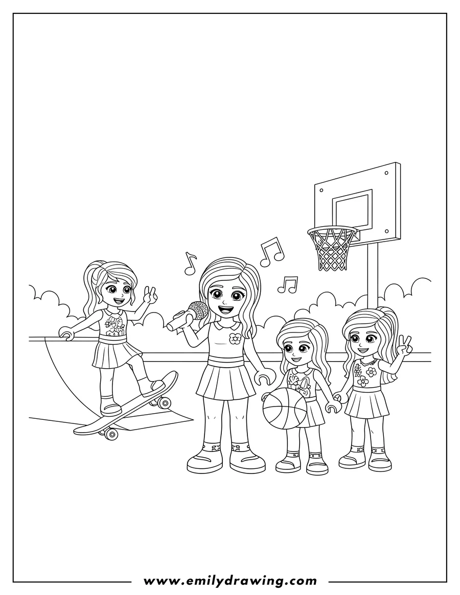 Doodle style coloring picture of lego Friends Mia Naya Olivia Andrea And Emma singing, skateboarding, and playing basketball