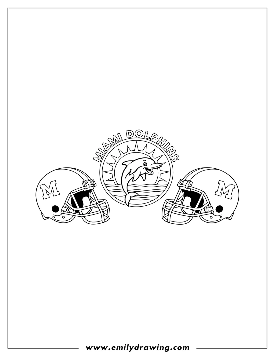 Vector style outline of miami Dolphins Team Logo To Color, with football helmets