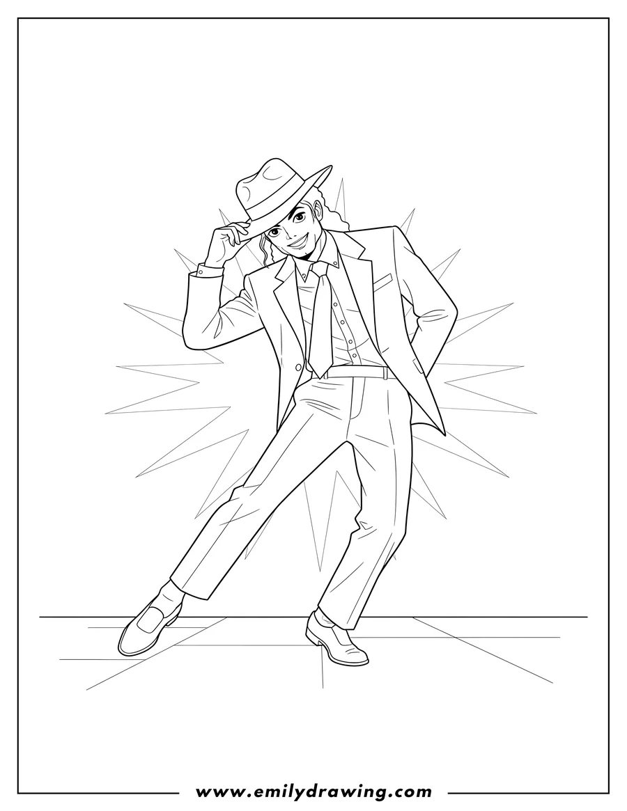 PDF style coloring page: michael Jackson Anti Gravity Lean Dance Move, wearing a hat and suit