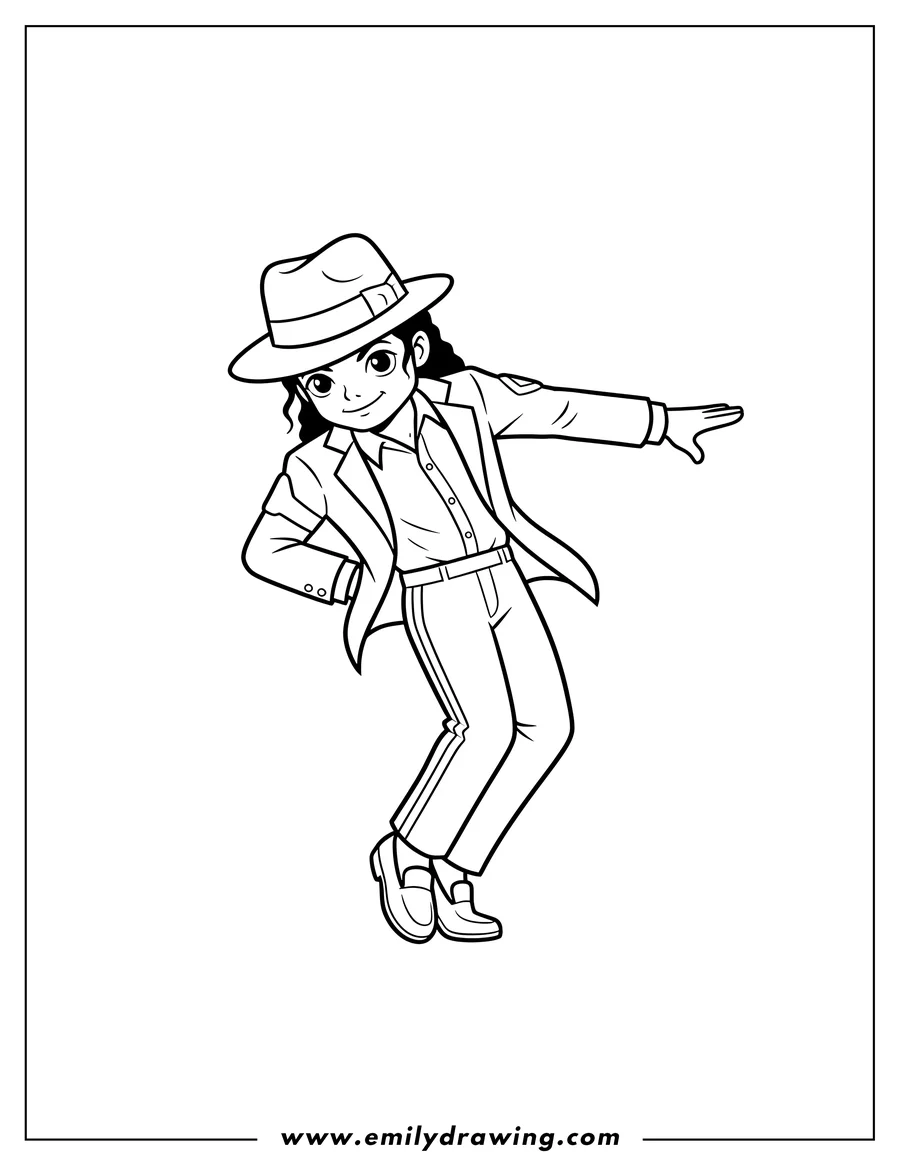 Outline drawing of michael Jackson Famous Toe Stand Dance Move wearing a fedora and leaning forward