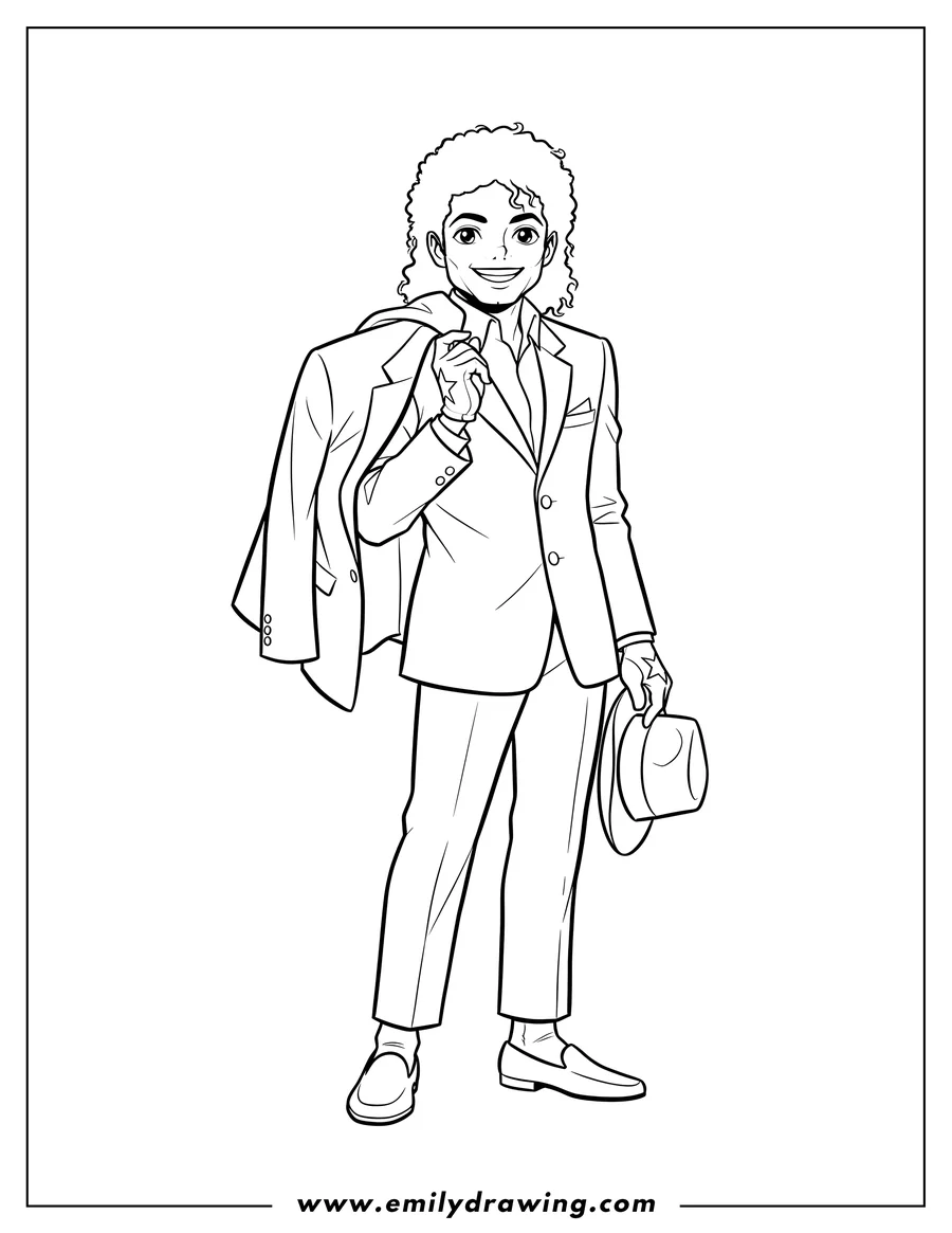 Black and white line art of michael Jackson holding his hat and a suit jacket draped over his shoulder, smiling