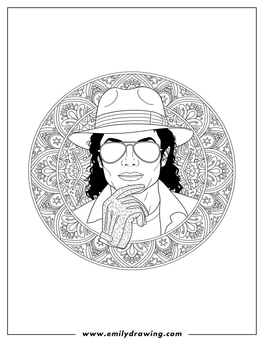 Vector style outline of michael Jackson's portrait wearing sunglasses, with his iconic gloved hand and fedora hat, inside an intricate mandala