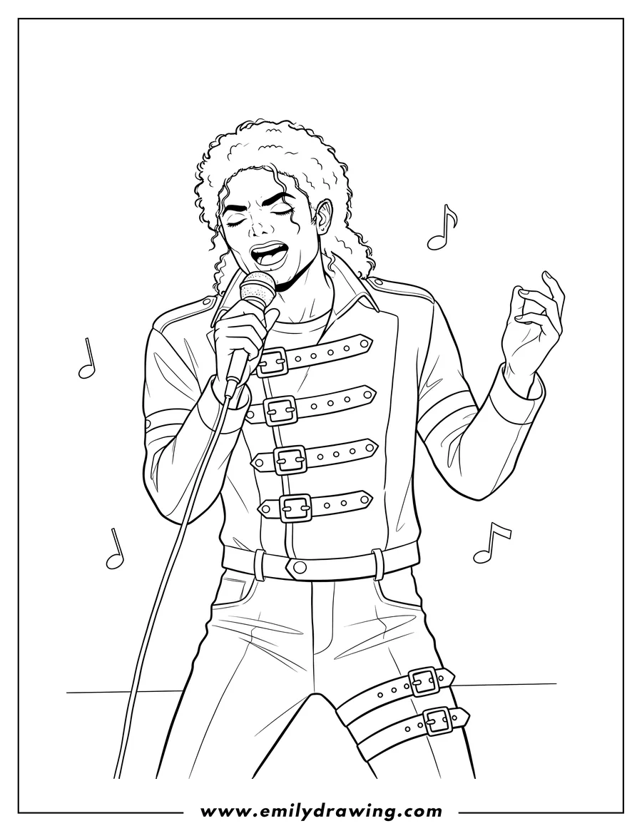 Printable coloring page of michael Jackson Singing Passionately, holding a microphone and wearing a jacket with buckles