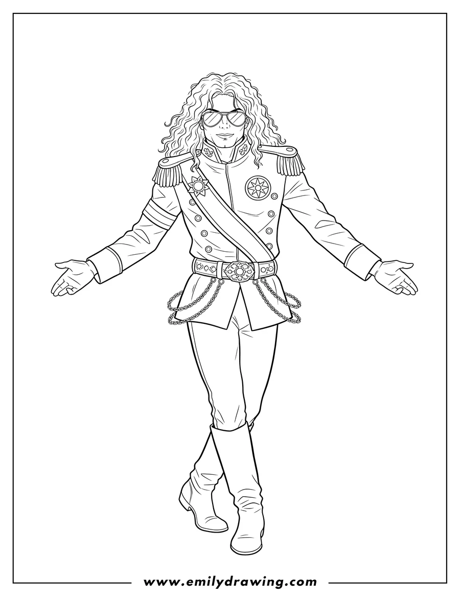 Coloring sheet featuring michael Jackson with long curly hair and sunglasses, wearing a military-style jacket with a patch, a sash, and an ornate belt