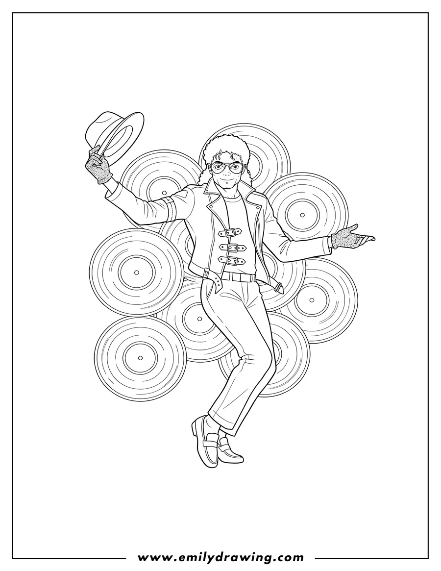 Downloadable coloring page of michael Jackson wearing a jacket and glasses, striking a dance pose in front of vinyl records