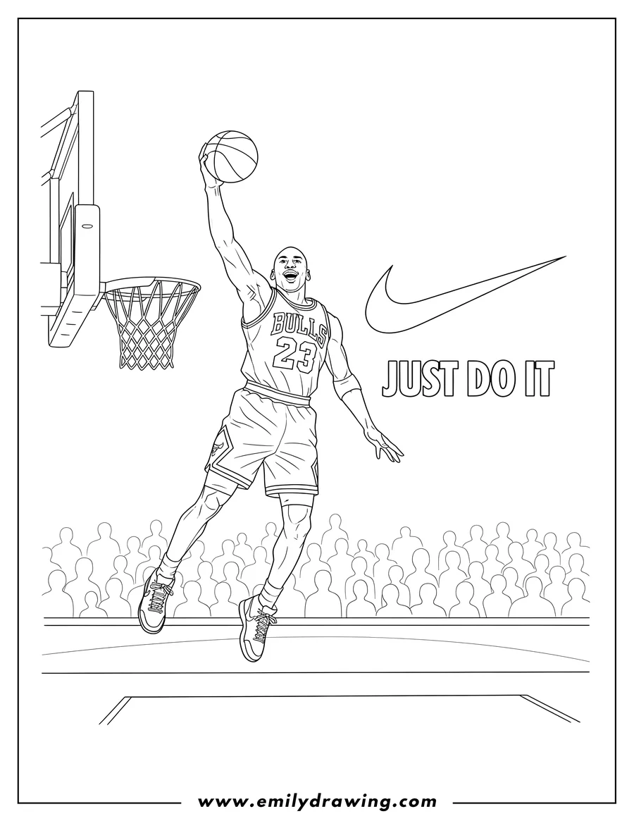 Downloadable coloring page of michael Jordan in a Bulls jersey number 23, playing basketball, with the Nike 'JUST DO IT' slogan and swoosh