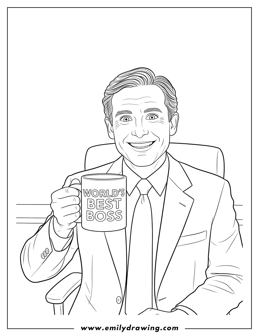 Coloring sheet featuring michael Scott, smiling and wearing a shirt and tie, holding his 'World's Best Boss' coffee mug
