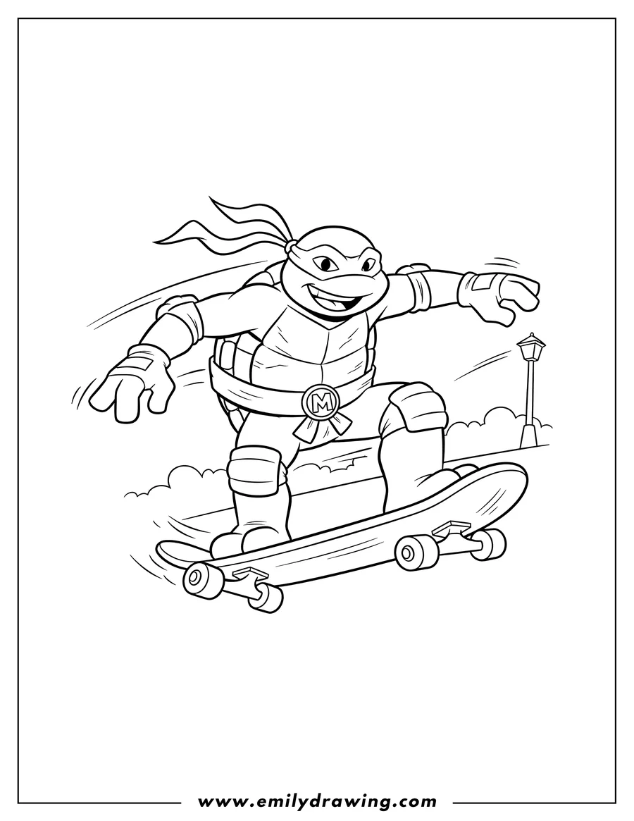 Full page coloring image of michelangelo On Skateboard, grinning, leaning forward with his bandana flowing