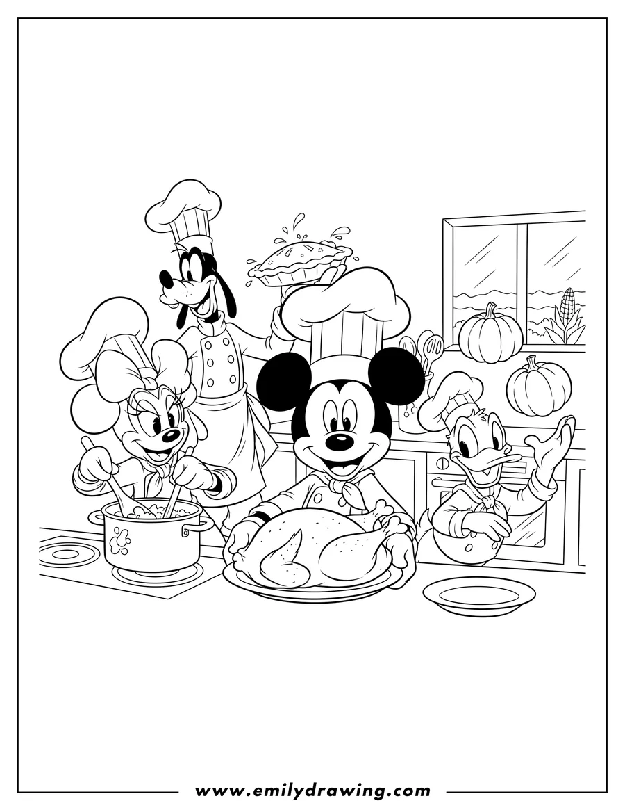 Coloring page of mickey Mouse, Donald Duck, Minnie Mouse, and Goofy dressed as chefs preparing Thanksgiving dinner