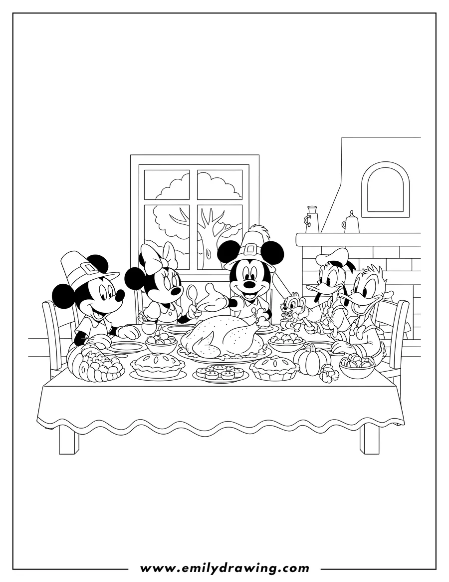 Clean line drawing: disney Thanksgiving Mickey Mouse, Minnie Mouse, Donald Duck, Goofy, Chip, and Dale gathered around a dinner table with a roasted turkey