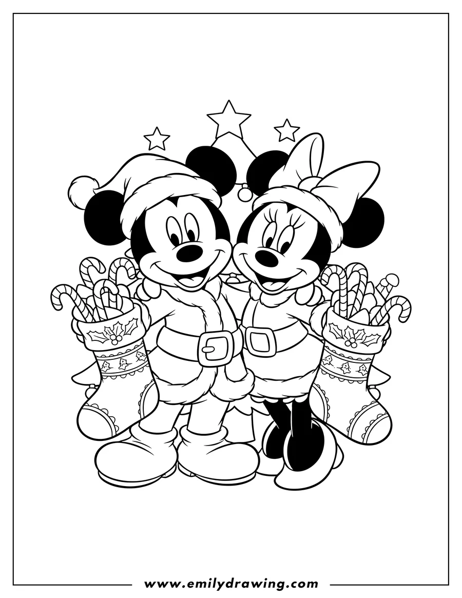 Vector style outline of mickey And Minnie Mouse in Santa outfits, smiling, with Minnie's arm around Mickey, holding stockings filled with candy canes