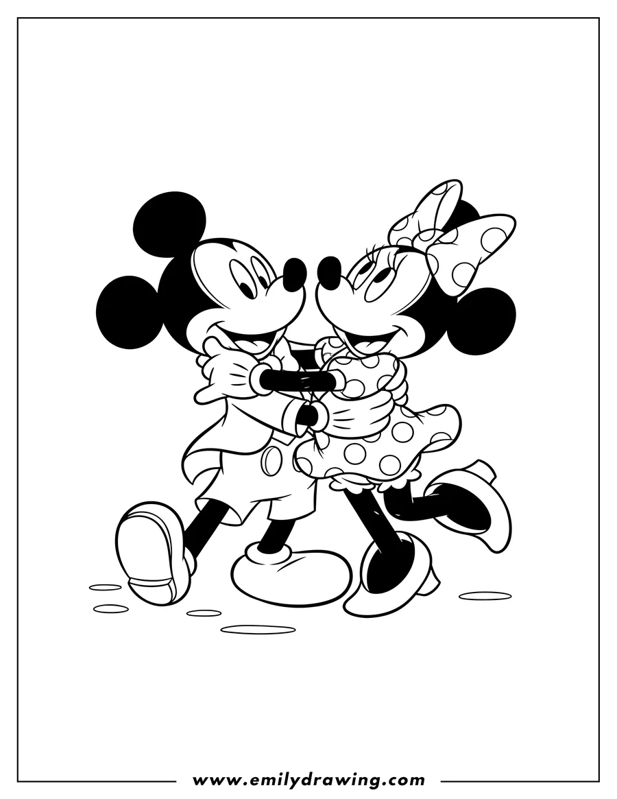Coloring sheet featuring mickey and Minnie Mouse happily dancing and hugging