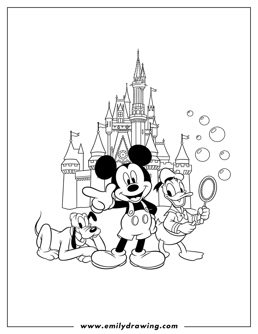 Line art of Mickey Mouse, Donald Duck, and Pluto in front of a tall castle, with Donald making bubbles.