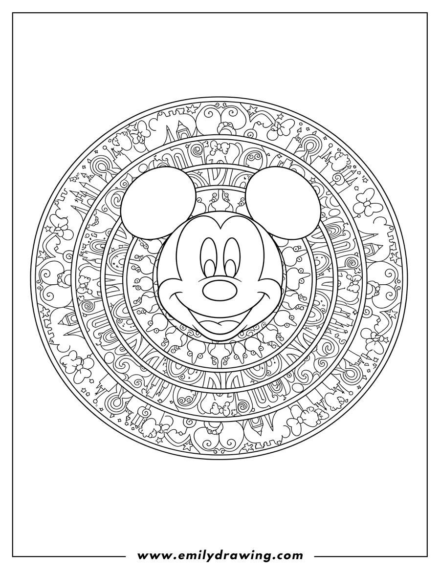 Printable line art of mickey Mouse Mandala Disney Adults, featuring a smiling Mickey Mouse head at the center of an intricate mandala design