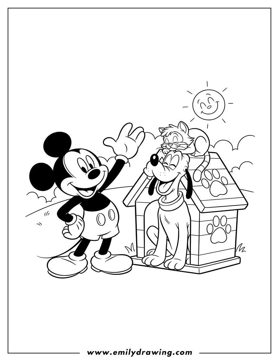 Line art of Mickey Mouse waving next to Pluto sitting by his doghouse with a cat sleeping on his head, under a smiling sun.