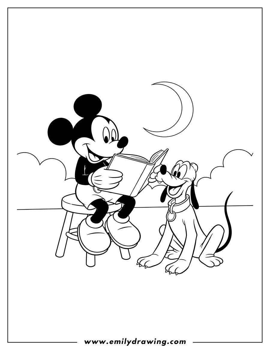 Line art of Mickey Mouse sitting on a stool and reading a book to Pluto, who is sitting happily next to him, with a crescent moon in the sky.