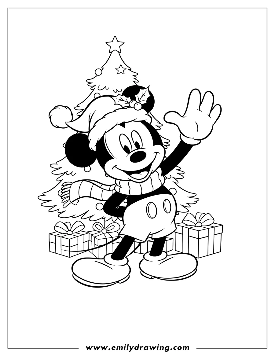 Free printable coloring sheet of mickey Mouse smiling and waving, wearing a Santa hat with holly and a scarf, on Christmas