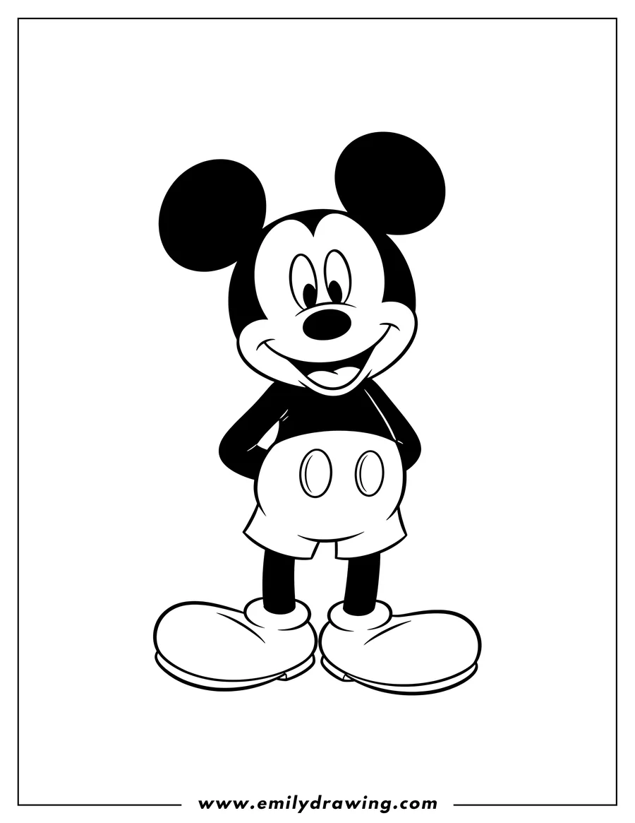 Printable line art of mickey Mouse smiling with hands behind his back