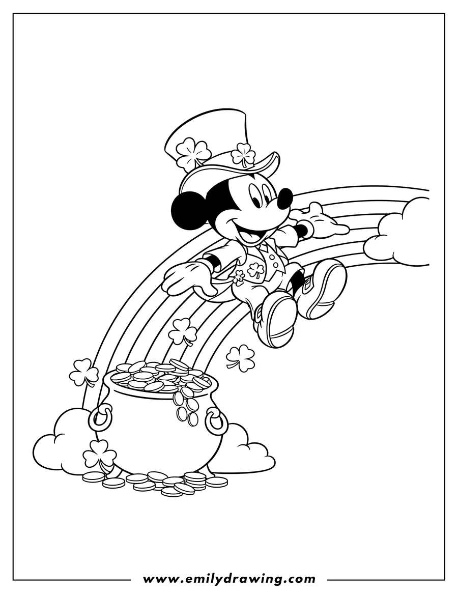 Coloring sheet featuring mickey Mouse St Patrick S Day, sliding down a rainbow to a pot of gold