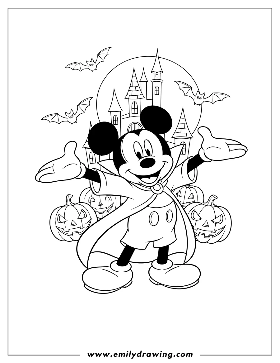 Linear illustration of disney Halloween Mickey Mouse wearing a cape, smiling with arms outstretched, with flying bats, in front of a haunted castle and jack-o'-lanterns