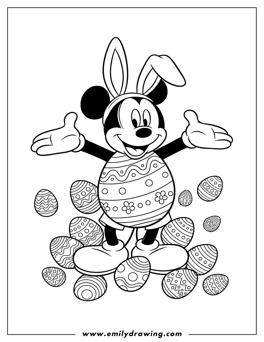 Printable line art of mickey Mouse with bunny ears, his body as a decorated Easter egg, smiling with arms spread wide, surrounded by more Easter eggs